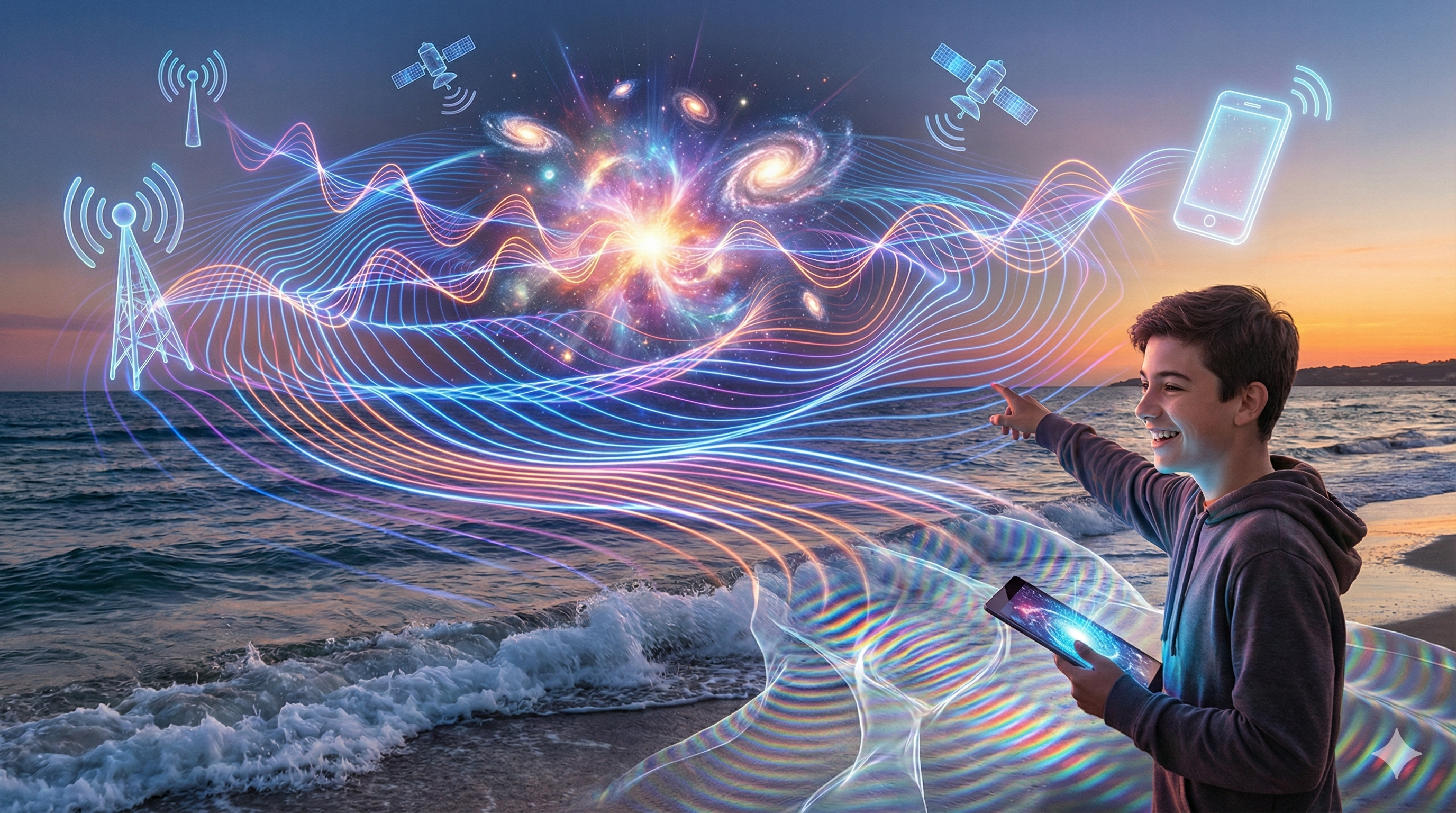 Spennende bildet av en person som ser ut mot en verden av bølger